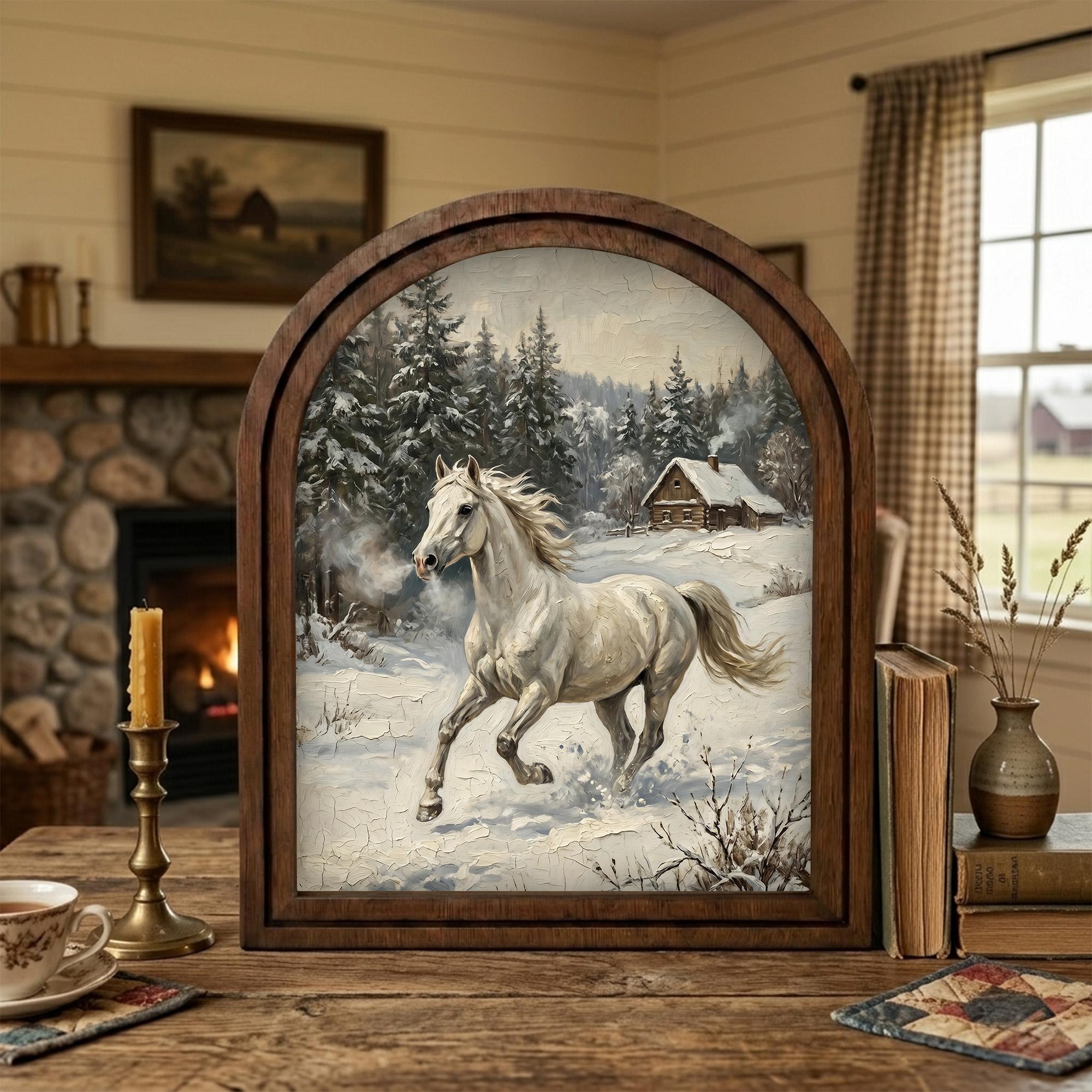 Arched White Horse Frame, Winter Countryside Decor, Running Horse Art, Rustic Wood Frame, Canvas Farm Art, 3D Layer Frame, Horse Lover Gift