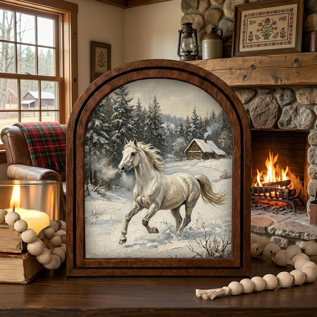 Arched White Horse Frame, Winter Countryside Decor, Running Horse Art, Rustic Wood Frame, Canvas Farm Art, 3D Layer Frame, Horse Lover Gift