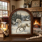Arched White Horse Frame, Winter Countryside Decor, Running Horse Art, Rustic Wood Frame, Canvas Farm Art, 3D Layer Frame, Horse Lover Gift