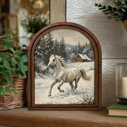 Arched White Horse Frame, Winter Countryside Decor, Running Horse Art, Rustic Wood Frame, Canvas Farm Art, 3D Layer Frame, Horse Lover Gift
