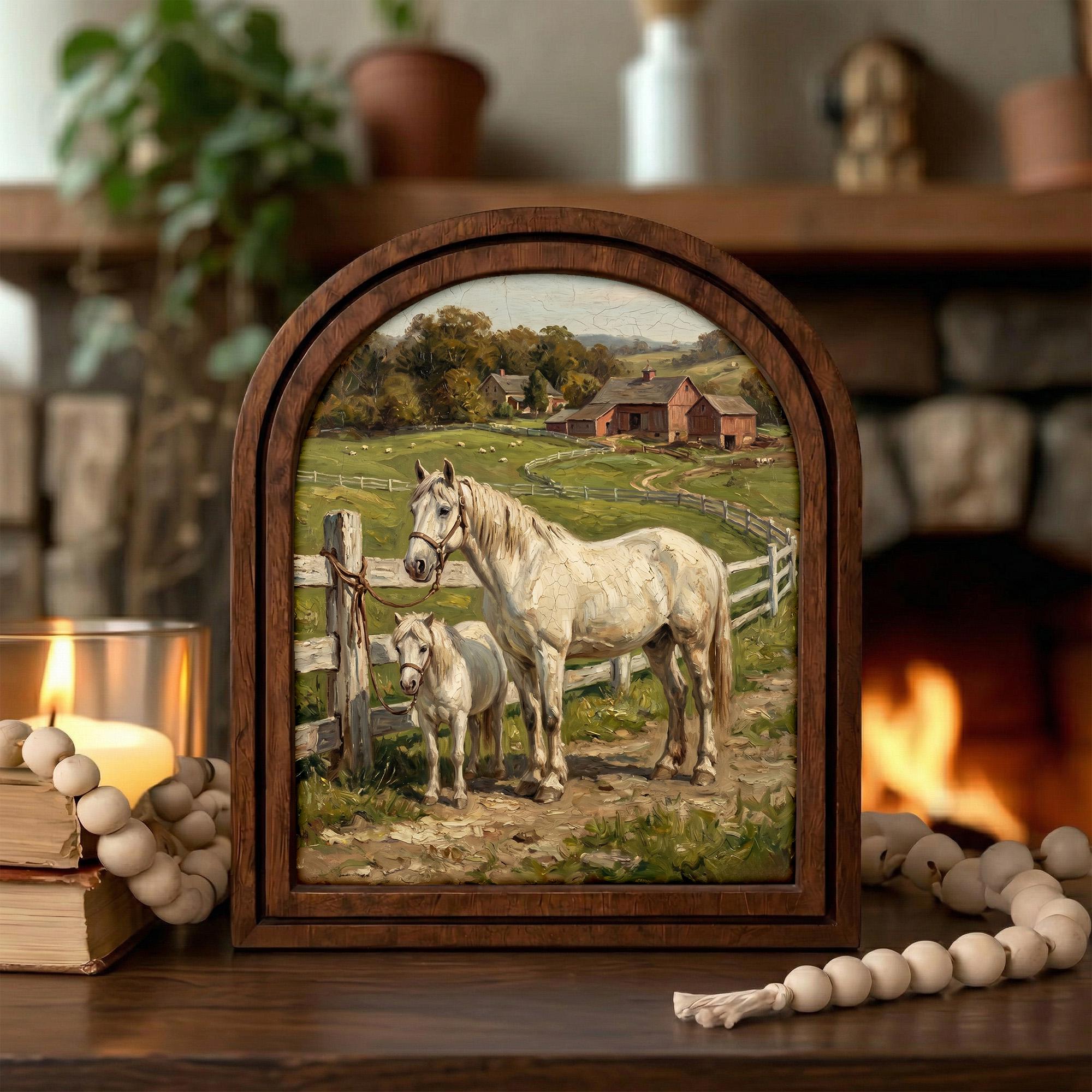 Arched White Horse Frame, Red Barn Ranch Decor, Wooden Horse Art, Rustic Wood Frame, Canvas Farm Art, 3D Layered Frame, Horse Lover Gift
