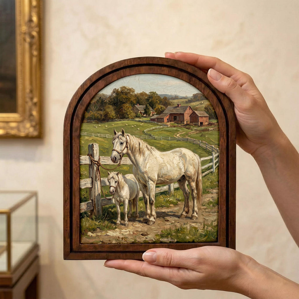 Arched White Horse Frame, Red Barn Ranch Decor, Wooden Horse Art, Rustic Wood Frame, Canvas Farm Art, 3D Layered Frame, Horse Lover Gift