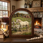 Arched White Horse Frame, Red Barn Ranch Decor, Wooden Horse Art, Rustic Wood Frame, Canvas Farm Art, 3D Layered Frame, Horse Lover Gift