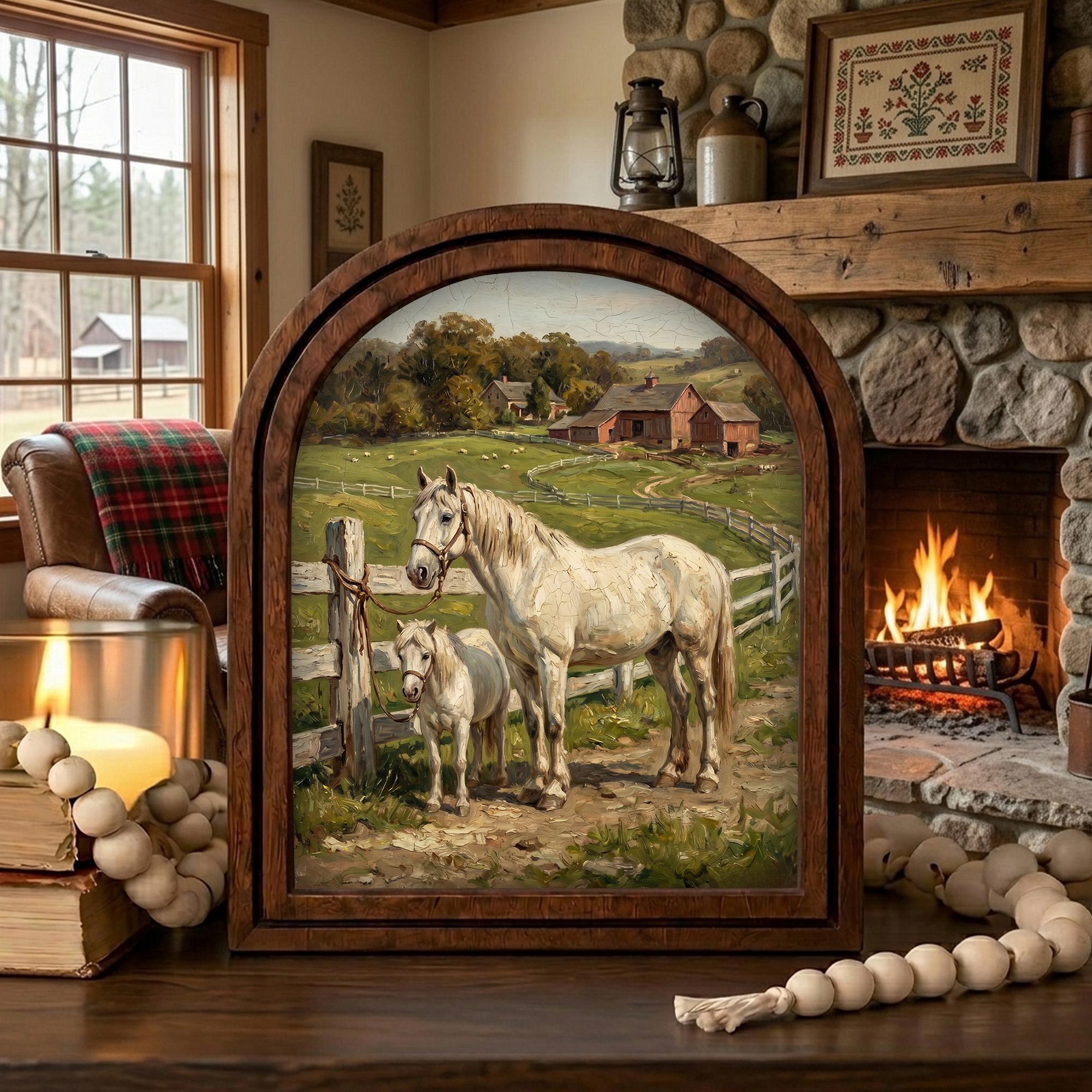 Arched White Horse Frame, Red Barn Ranch Decor, Wooden Horse Art, Rustic Wood Frame, Canvas Farm Art, 3D Layered Frame, Horse Lover Gift