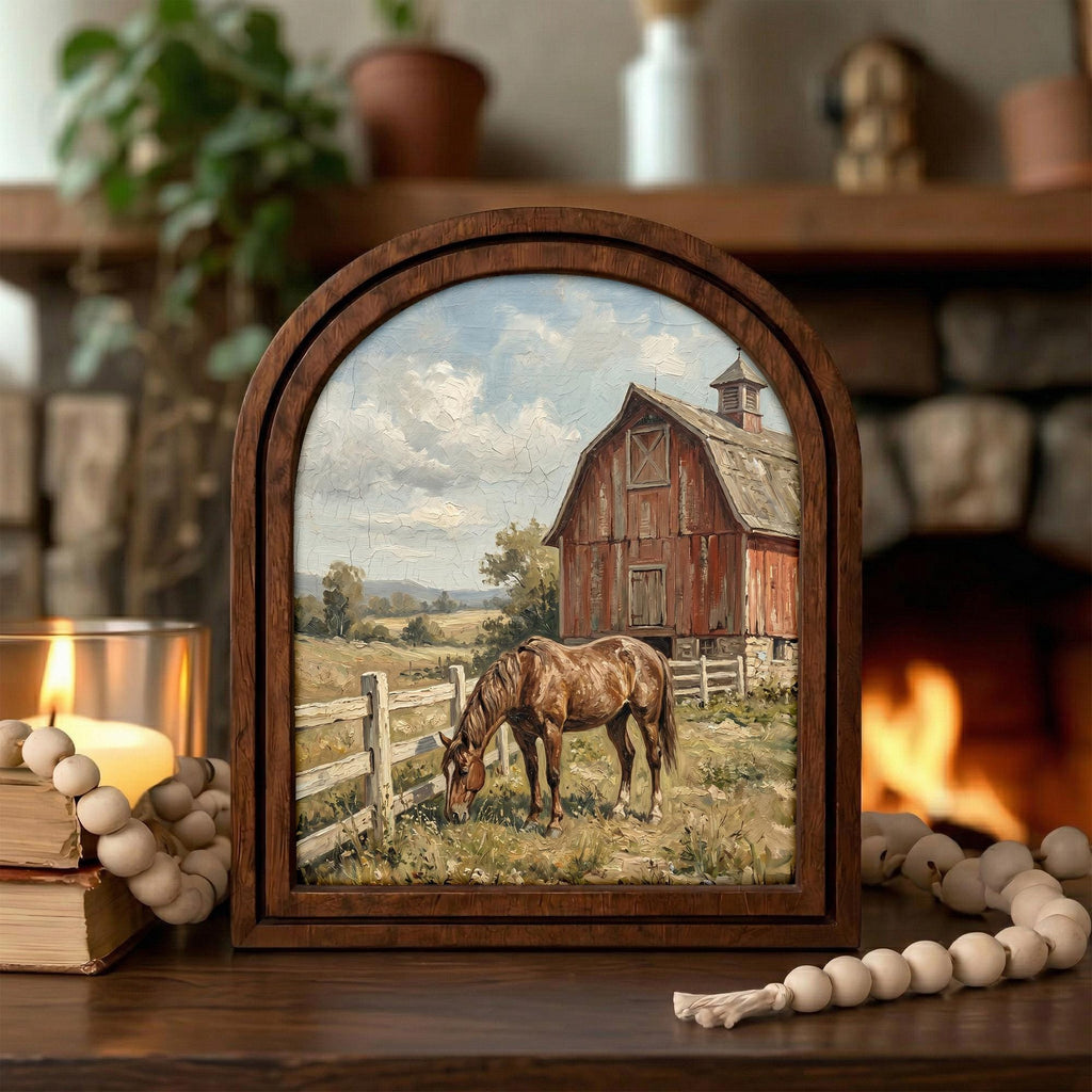Arched Brown Horse Frame, Red Barn Ranch Decor, Wooden Horse Art, Rustic Wood Frame, Canvas Farm Art, 3D Layered Frame, Horse Lover Gift