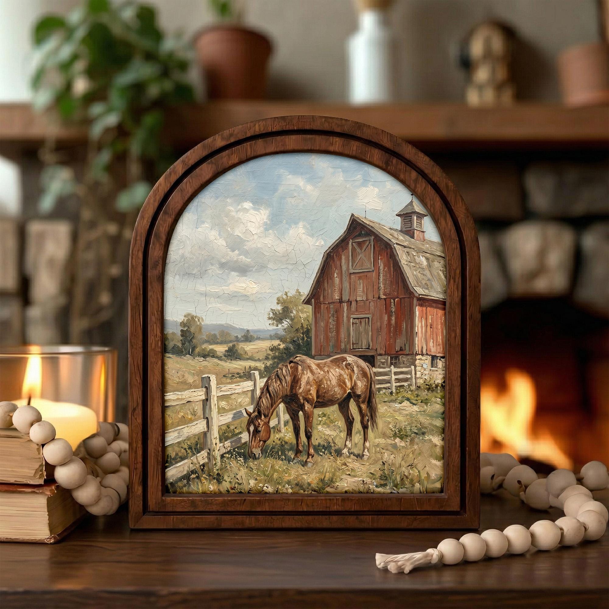 Arched Brown Horse Frame, Red Barn Ranch Decor, Wooden Horse Art, Rustic Wood Frame, Canvas Farm Art, 3D Layered Frame, Horse Lover Gift