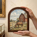 Arched Brown Horse Frame, Red Barn Ranch Decor, Wooden Horse Art, Rustic Wood Frame, Canvas Farm Art, 3D Layered Frame, Horse Lover Gift