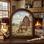 Arched Brown Horse Frame, Red Barn Ranch Decor, Wooden Horse Art, Rustic Wood Frame, Canvas Farm Art, 3D Layered Frame, Horse Lover Gift