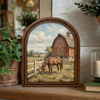 Arched Brown Horse Frame, Red Barn Ranch Decor, Wooden Horse Art, Rustic Wood Frame, Canvas Farm Art, 3D Layered Frame, Horse Lover Gift