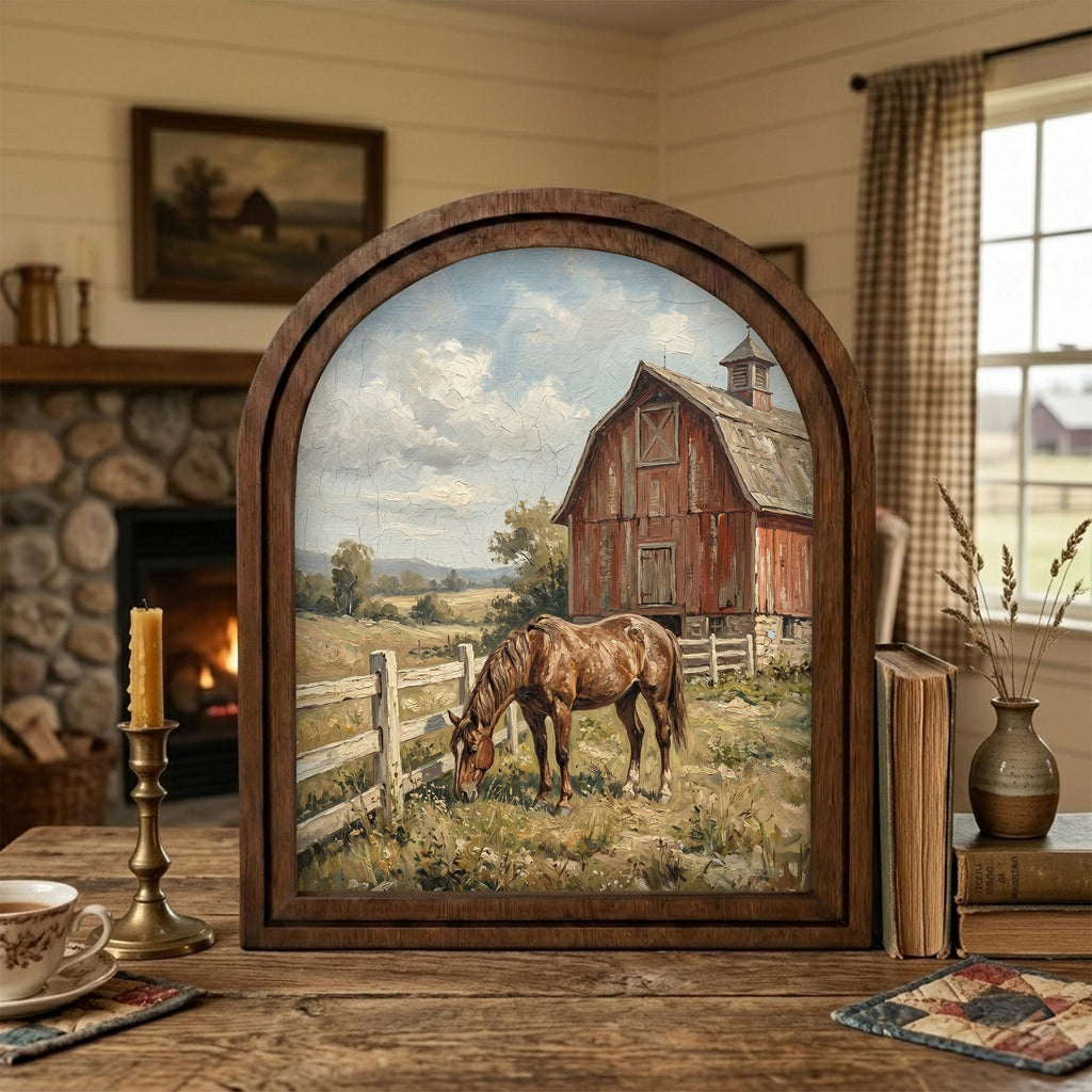Arched Brown Horse Frame, Red Barn Ranch Decor, Wooden Horse Art, Rustic Wood Frame, Canvas Farm Art, 3D Layered Frame, Horse Lover Gift