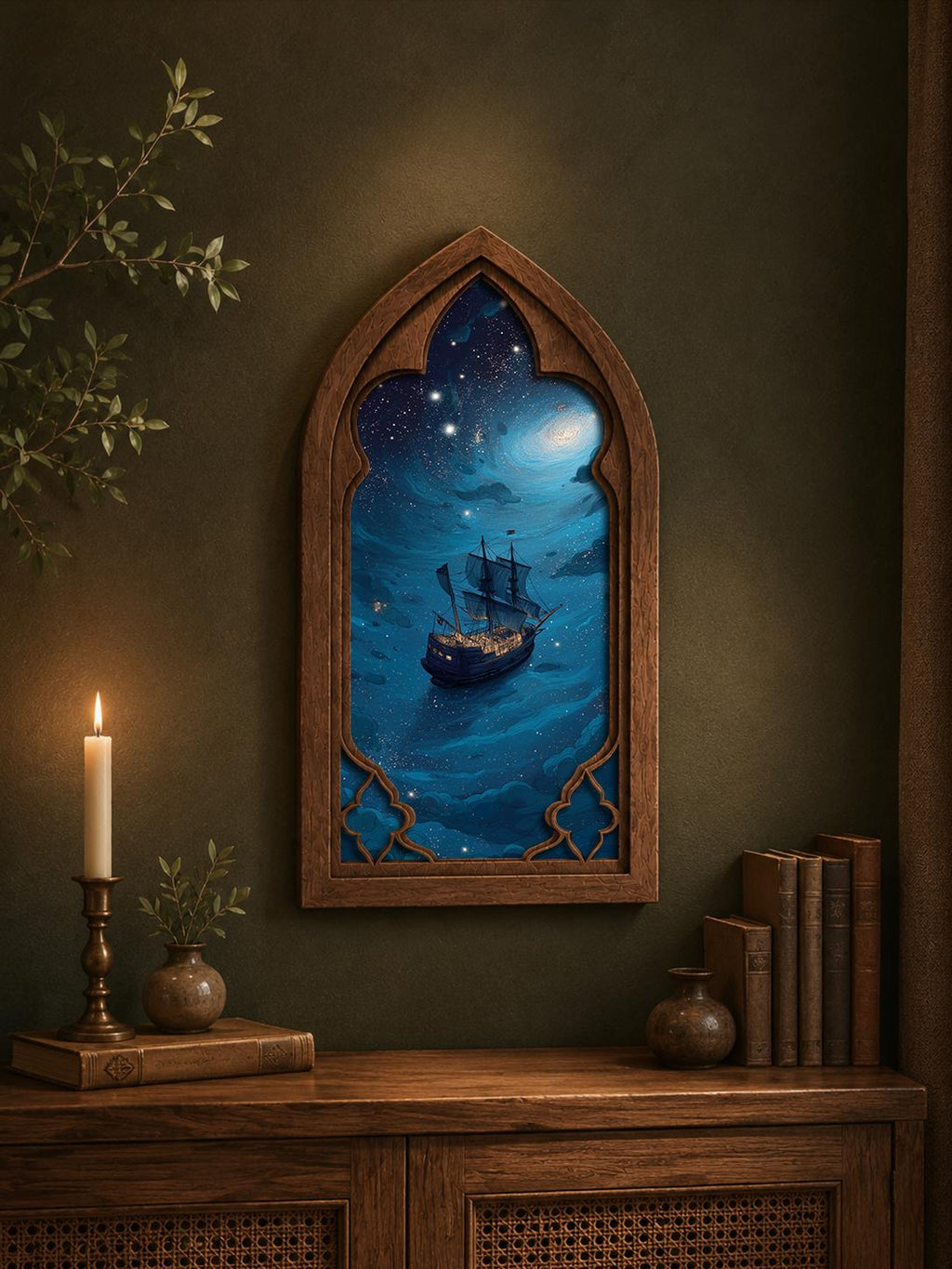 Celestial Sailing Ship Gothic Arch Wall Art, Fantasy Ocean Window Decor, Cosmic Sea Voyage Artwork, Dark Academia Decor