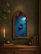 Celestial Sailing Ship Gothic Arch Wall Art, Fantasy Ocean Window Decor, Cosmic Sea Voyage Artwork, Dark Academia Decor
