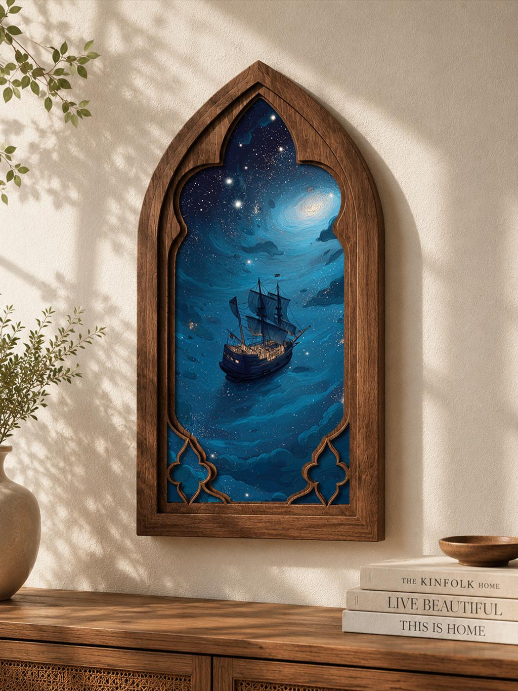 Celestial Sailing Ship Gothic Arch Wall Art, Fantasy Ocean Window Decor, Cosmic Sea Voyage Artwork, Dark Academia Decor