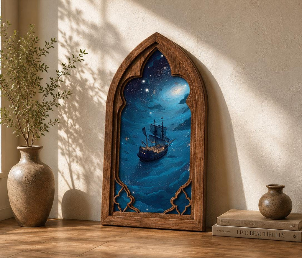 Celestial Sailing Ship Gothic Arch Wall Art, Fantasy Ocean Window Decor, Cosmic Sea Voyage Artwork, Dark Academia Decor