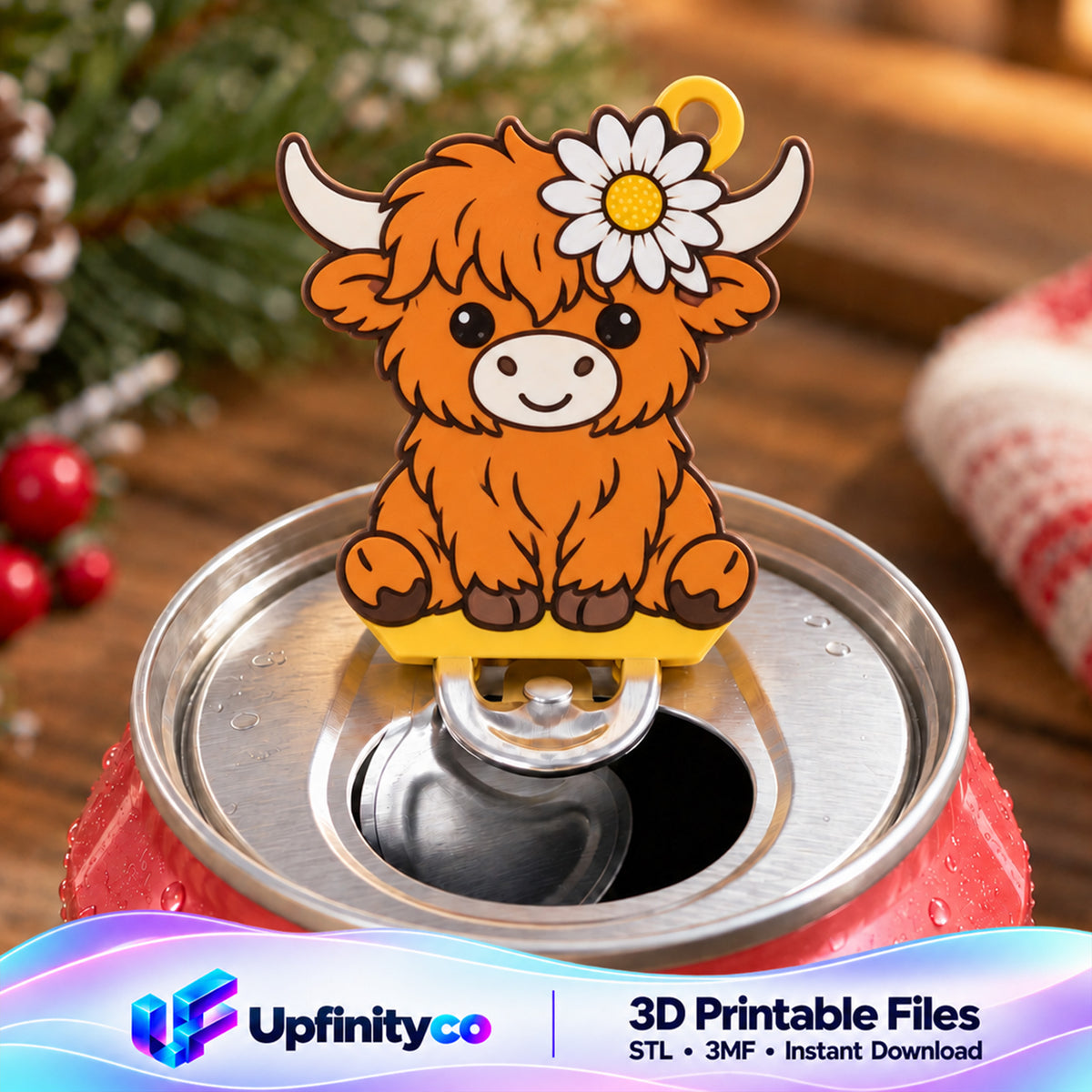 Highland Cow Daisy Soda Can Opener Keychain STL File with Nail Saver