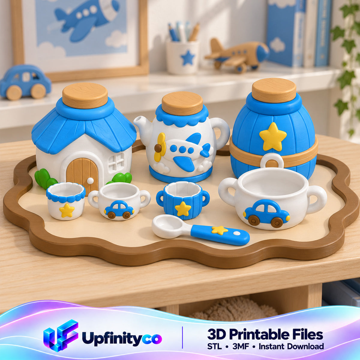 Airplane and Car Playset STL Bundle with Teapot Cups Tray and Jars