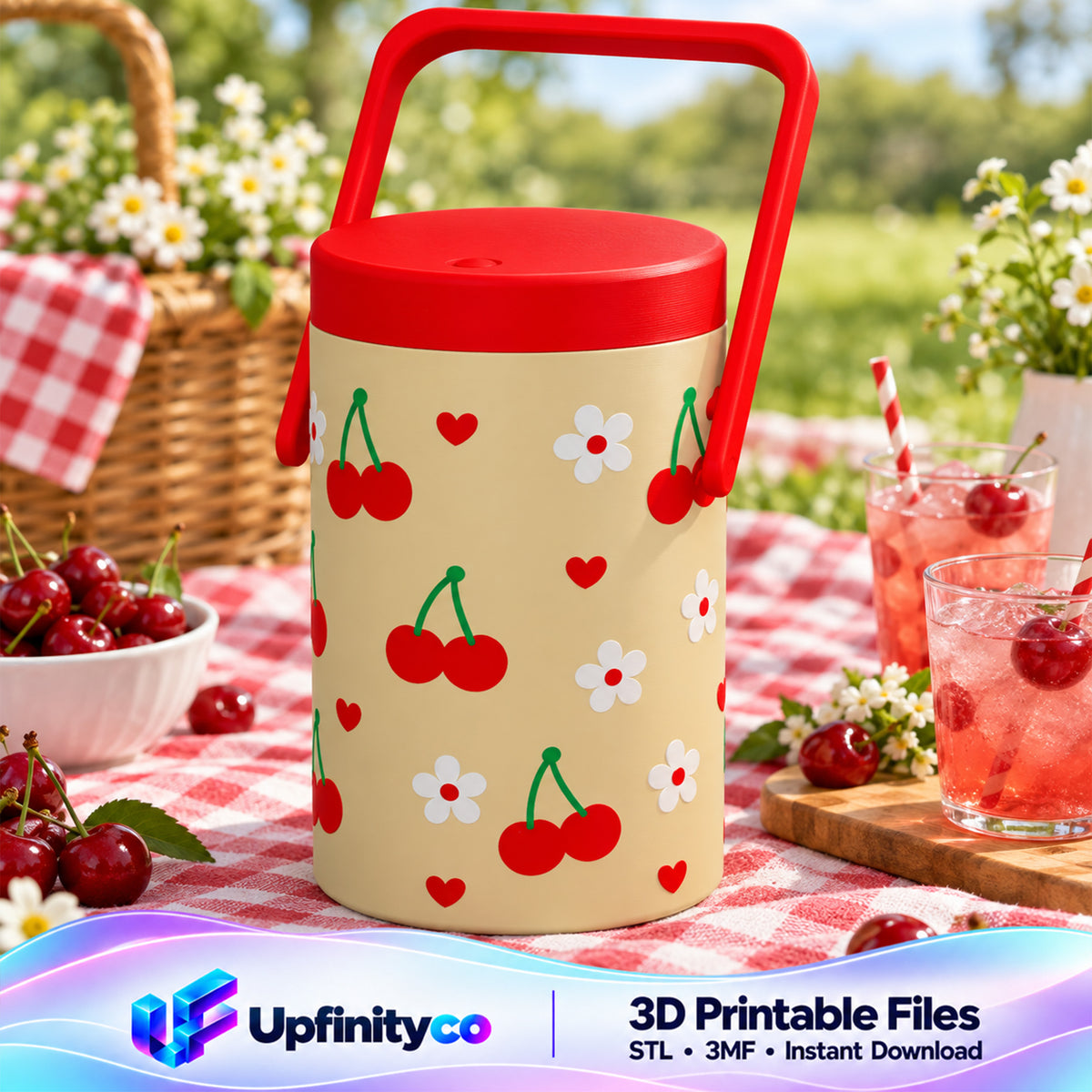 Cherry Heart Can Cooler STL with Flowers and Red Handle