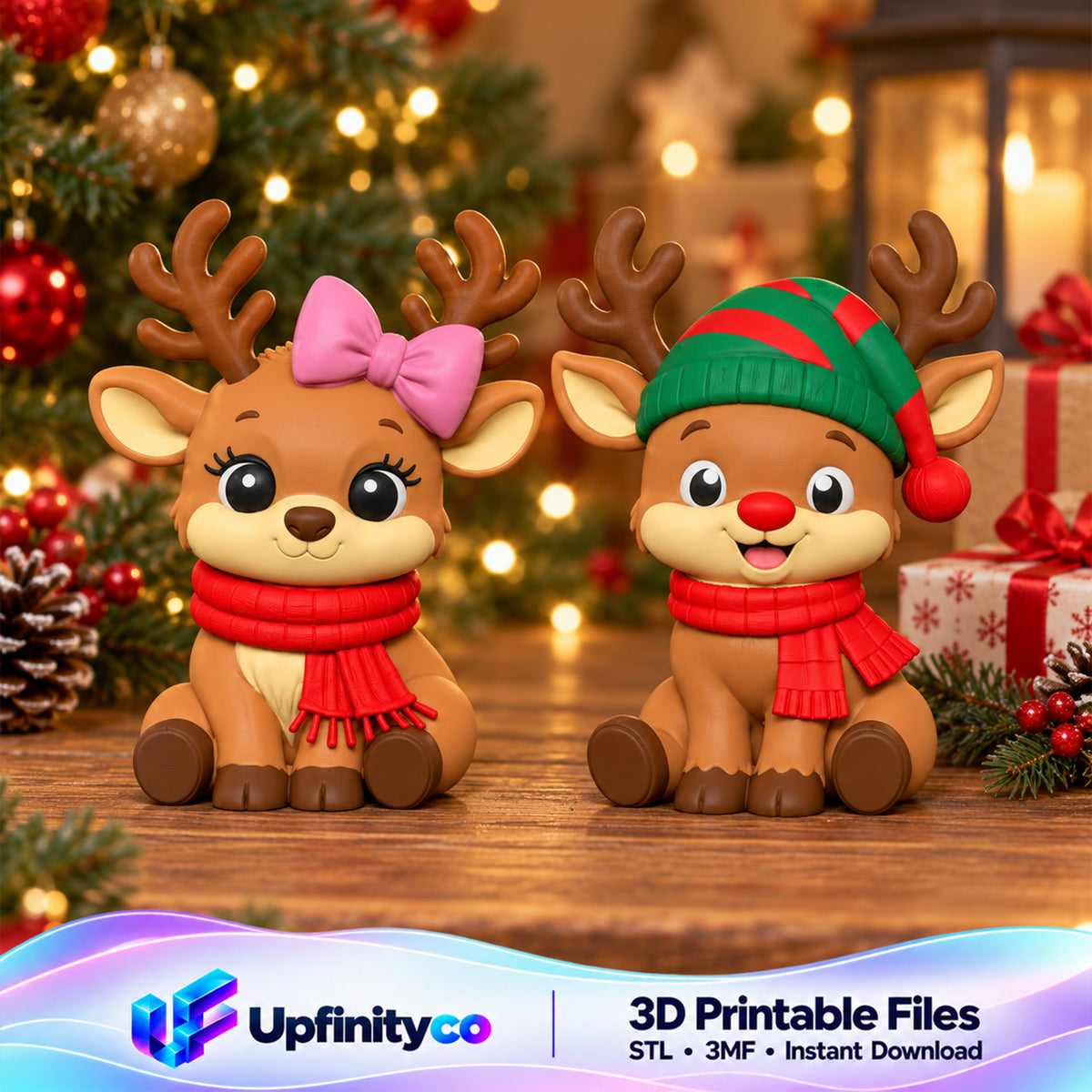 Christmas Reindeer STL Set with Cute Bow and Scarf Figurines 1